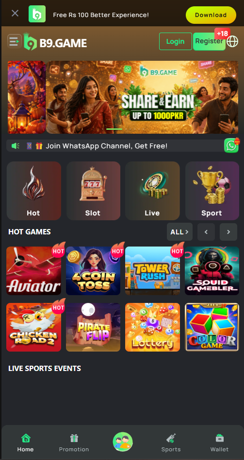 B9 Game app bonuses and rewards screen